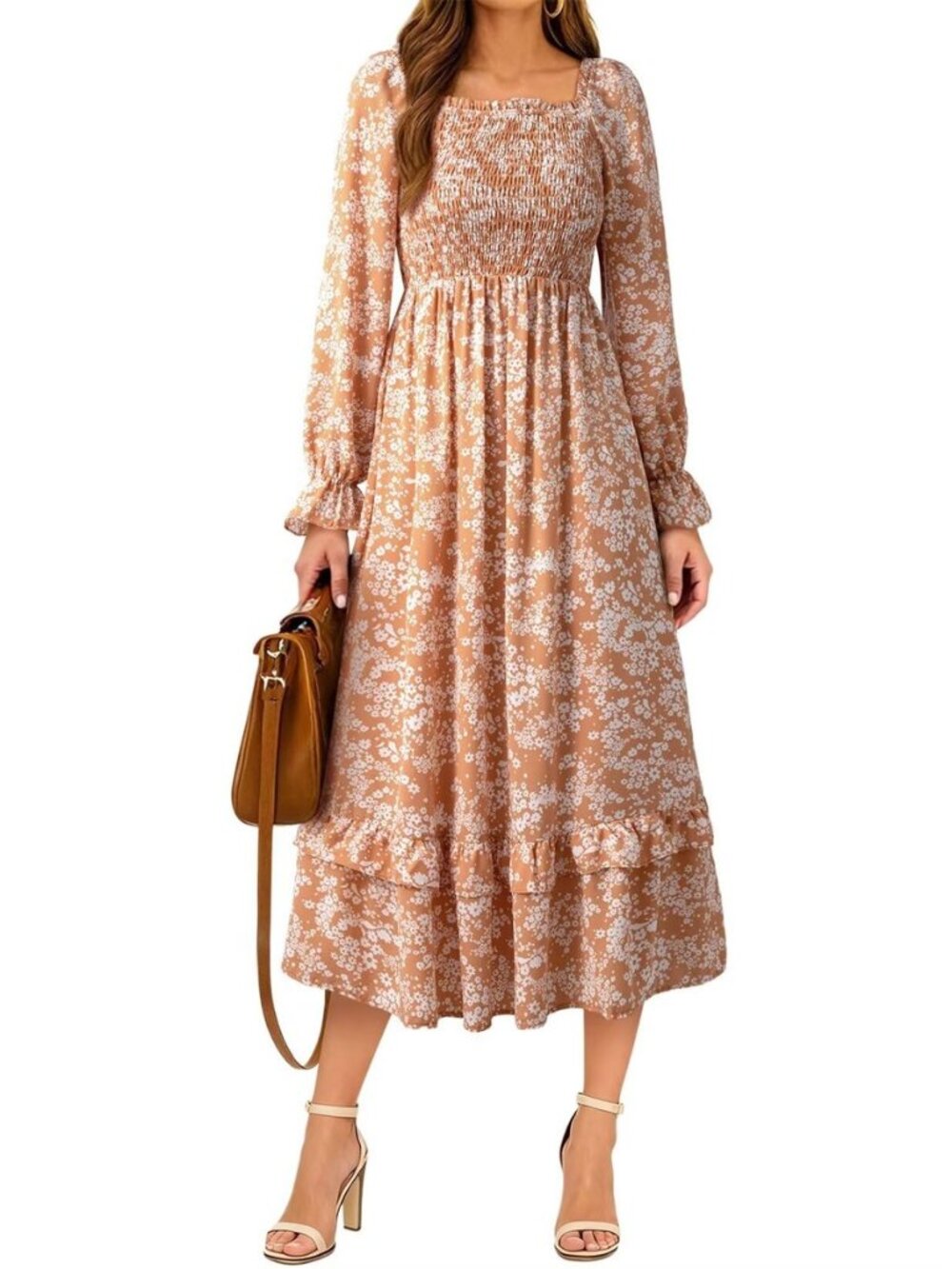 Boho Dresses for Women 2025 Casual Floral Square Neck Long Sleeve Smocked
